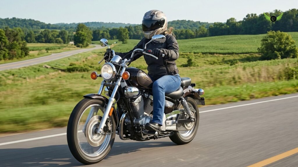 Yamaha V Star 250 cruising on a scenic road during real world fuel economy testing