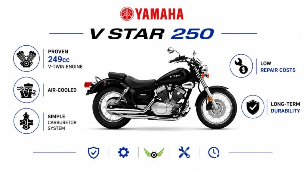 Yamaha V Star 250 reliability infographic showing durability and maintenance advantages