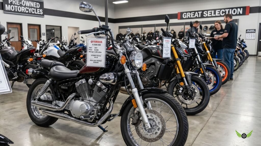 Yamaha V Star 250 displayed at a dealership showing resale value and used market demand