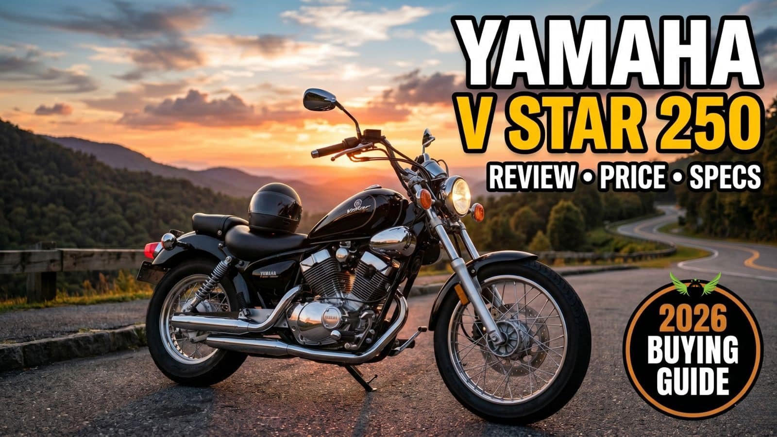 Yamaha V Star 250 cruiser motorcycle parked on a scenic American highway at sunset