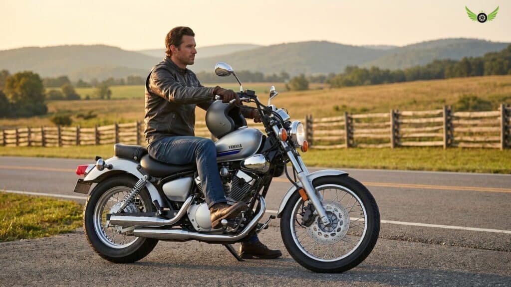 Rider enjoying the Yamaha V Star 250 on a scenic countryside road