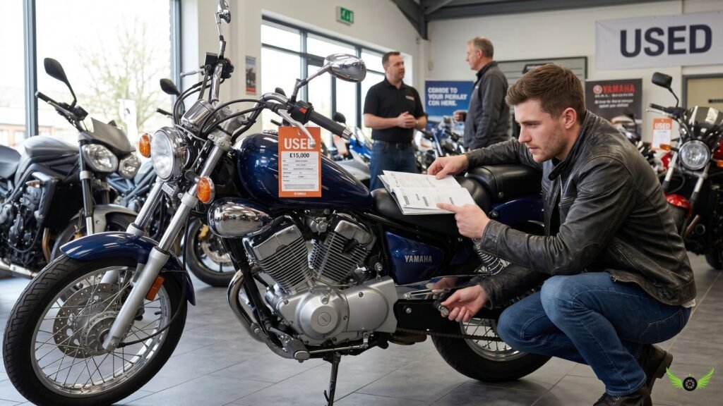 Buyer inspecting a Yamaha V Star 250 before purchase at a motorcycle dealership