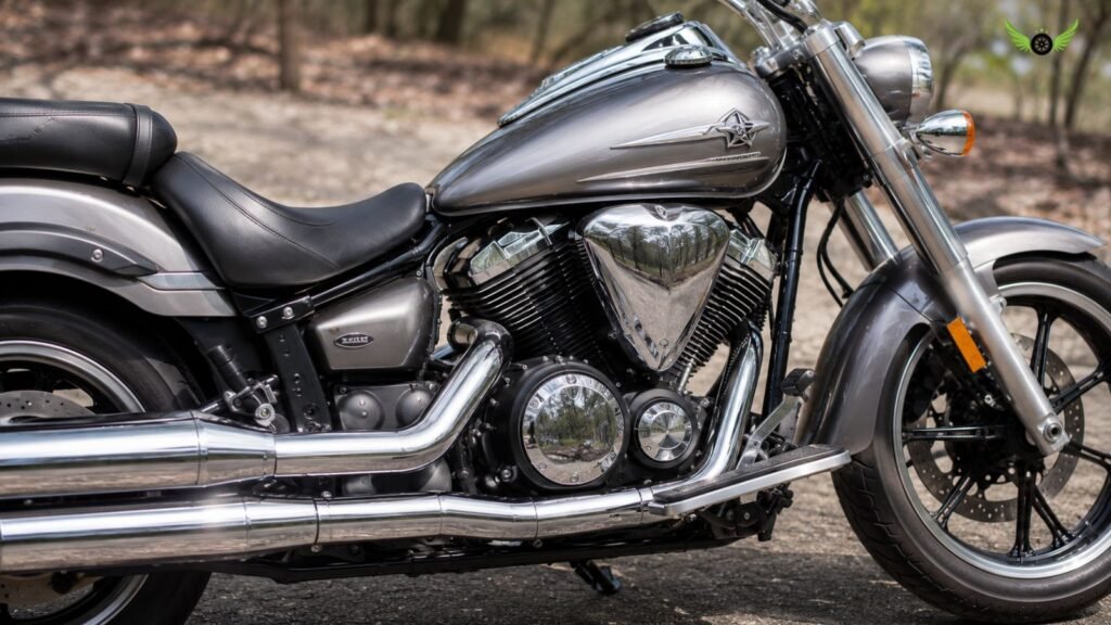 Close-up view of Yamaha V Star 950 fuel tank, engine and chrome details
