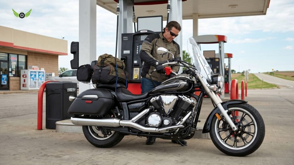 Yamaha V Star 950 motorcycle at a fuel station during a road trip