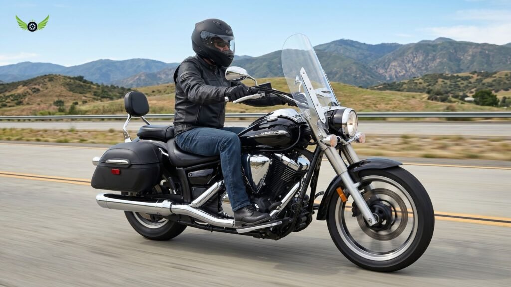 Yamaha V Star 950 cruising on an open highway in the USA