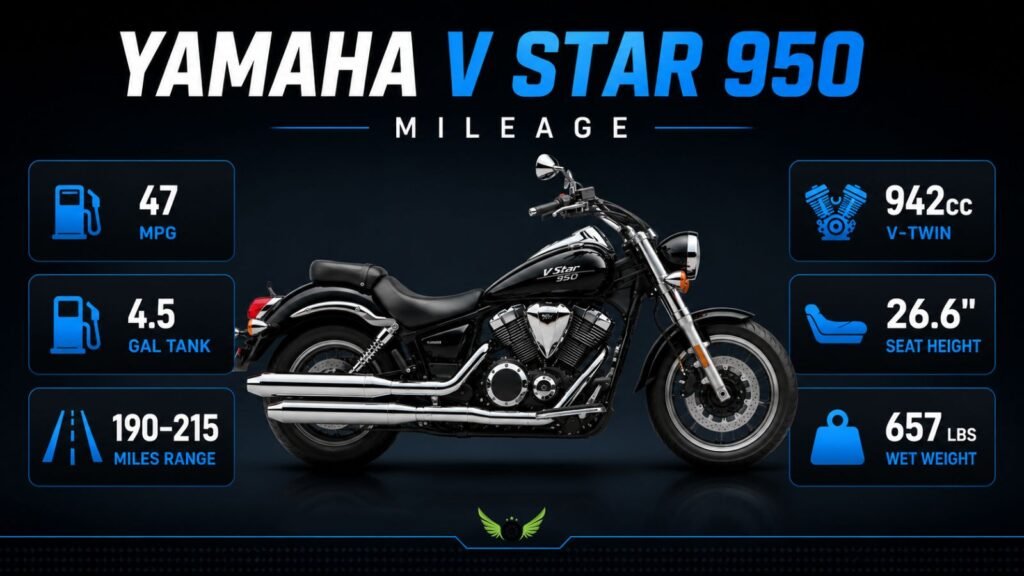 Yamaha V Star 950 mileage fuel economy and fuel range infographic