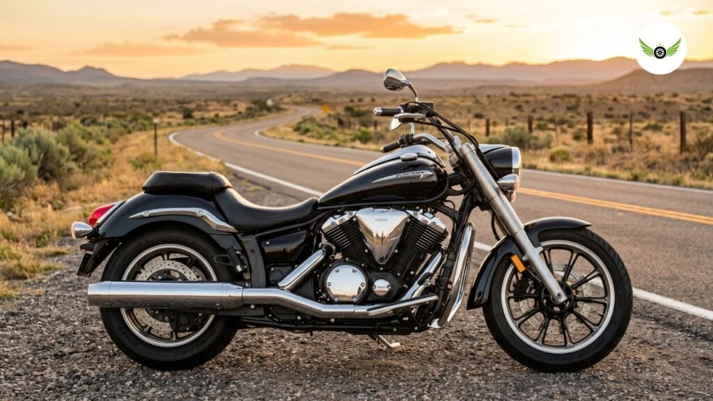 Yamaha V Star 950 parked on an American highway showing its reliable cruiser design