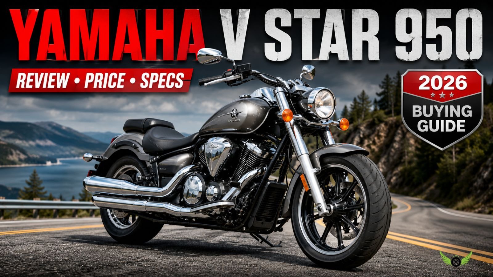 Yamaha V Star 950 cruiser motorcycle parked on a highway in the United States