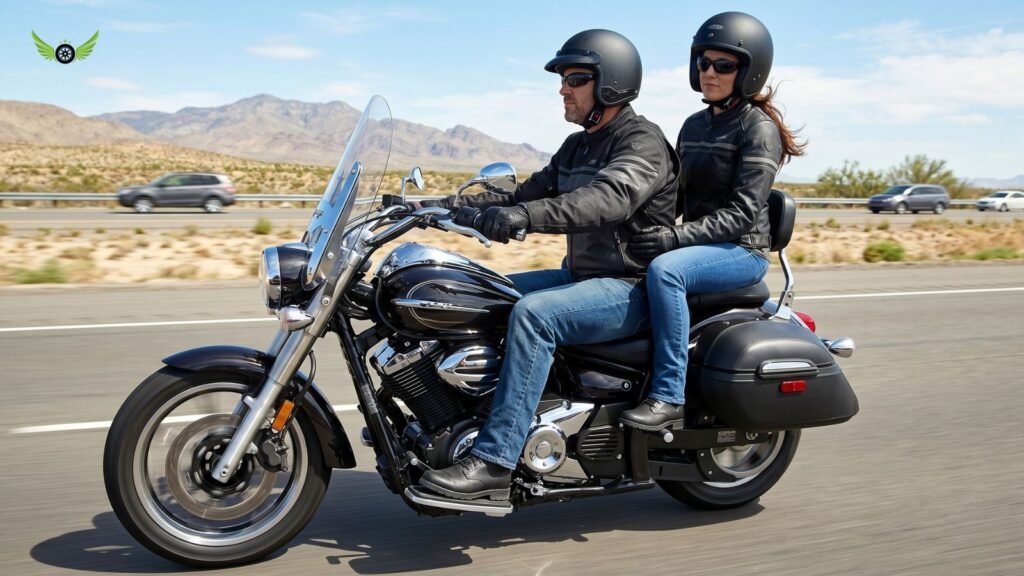 Rider and passenger enjoying a Yamaha V Star 950 during a highway ride