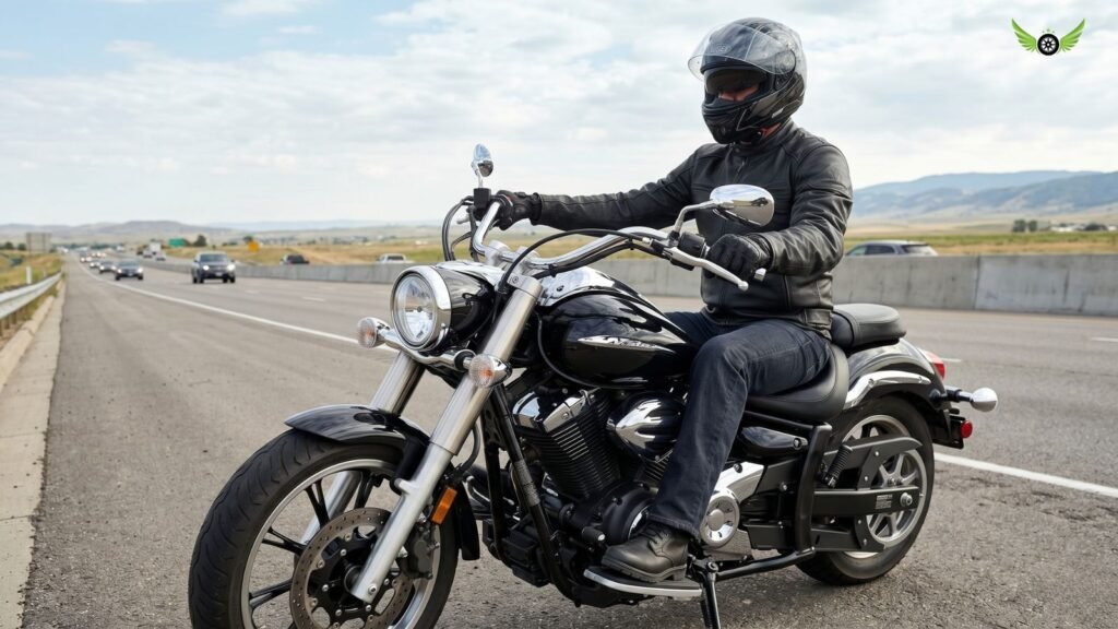 Rider demonstrating the Yamaha V Star 950 riding position and floorboard layout
