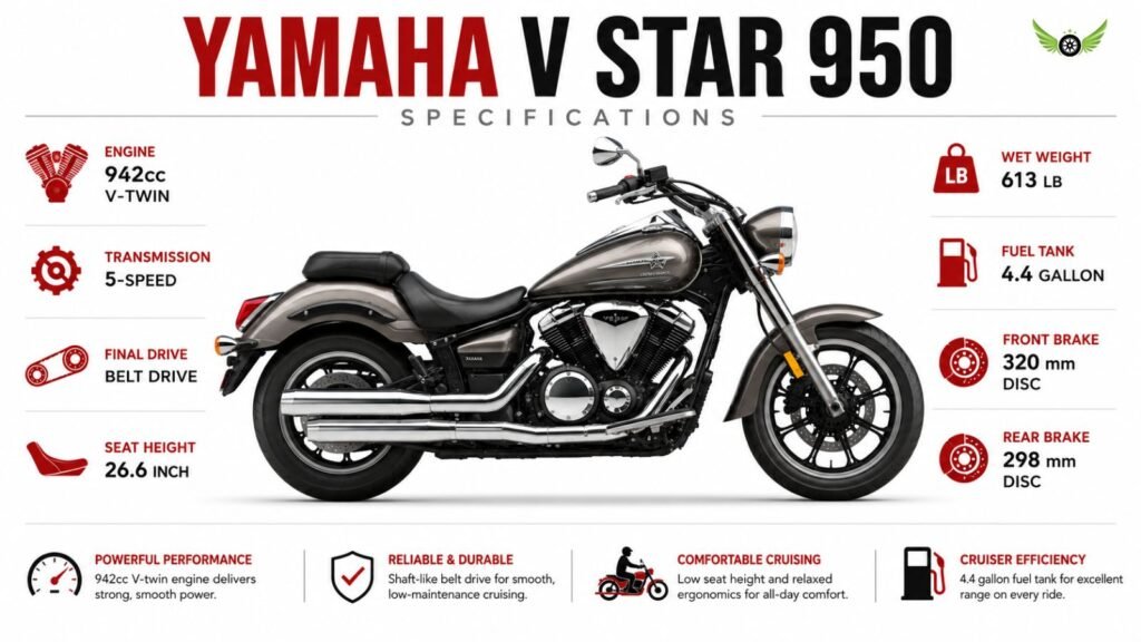 Yamaha V Star 950 specifications infographic showing engine size, seat height and weight