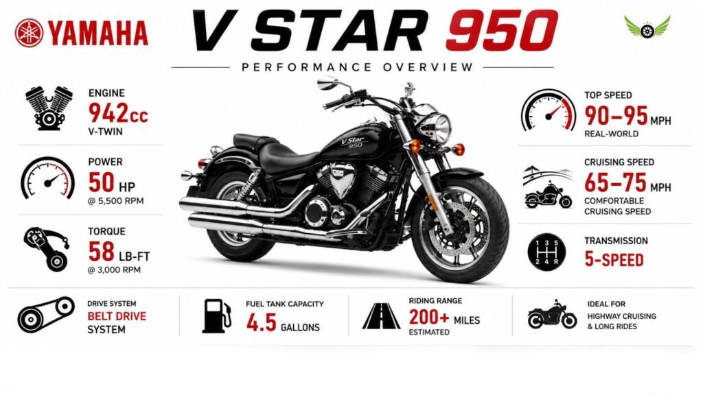 Yamaha V Star 950 top speed and performance specifications infographic