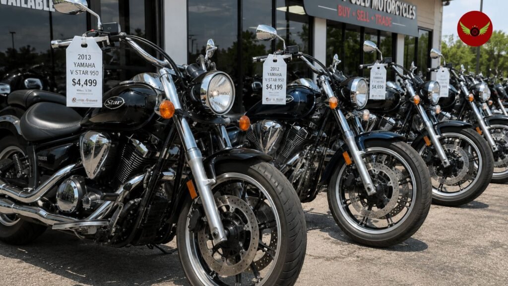 Used Yamaha V Star 950 motorcycles displayed at a dealership in the United States