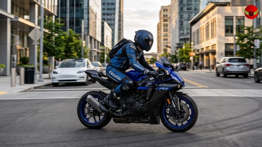 Yamaha YZF-R1 cruising on a wide American highway during golden hour with scenic mountain views