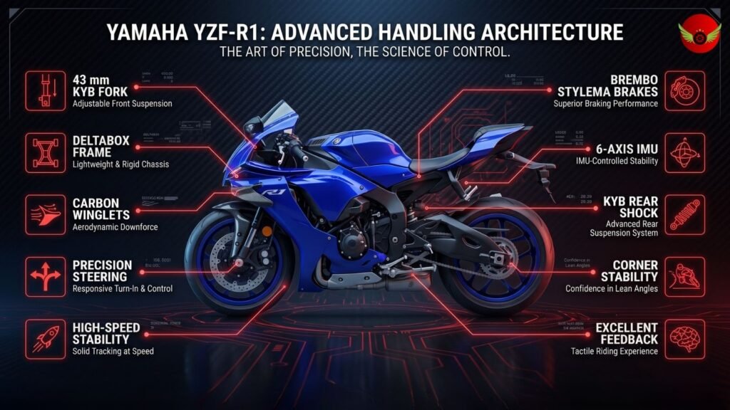 Infographic explaining Yamaha YZF-R1 handling, suspension, braking and high-speed stability technologies