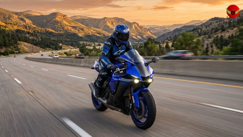Infographic showing Yamaha YZF-R1 official MPG, real-world mileage, fuel tank capacity and estimated riding range
