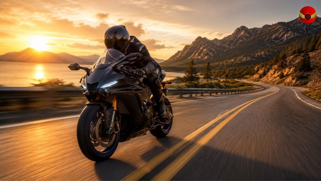 Yamaha YZF-R1 rider enjoying a scenic highway ride in the United States during sunset