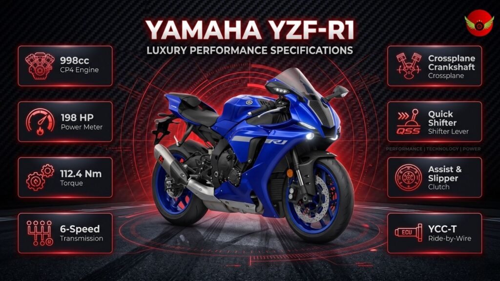 Infographic showing Yamaha YZF-R1 CP4 engine performance, horsepower, torque and transmission specifications