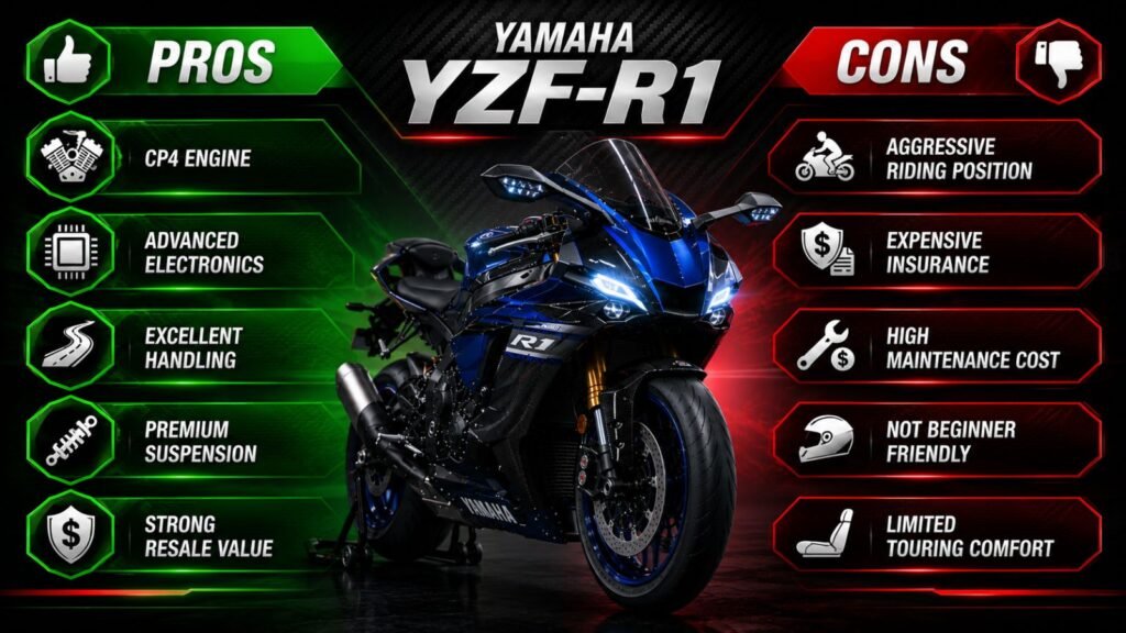 Infographic showing the main advantages and disadvantages of the Yamaha YZF-R1
