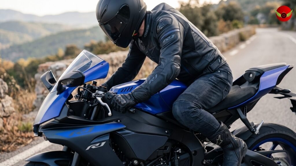 Professional rider using the Yamaha YZF-R1 during everyday riding on a suburban American road