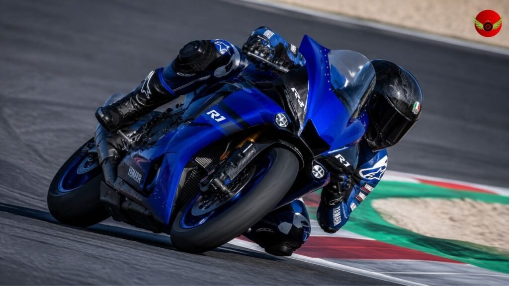 Yamaha YZF-R1 leaning aggressively through a racetrack corner during a professional track riding session