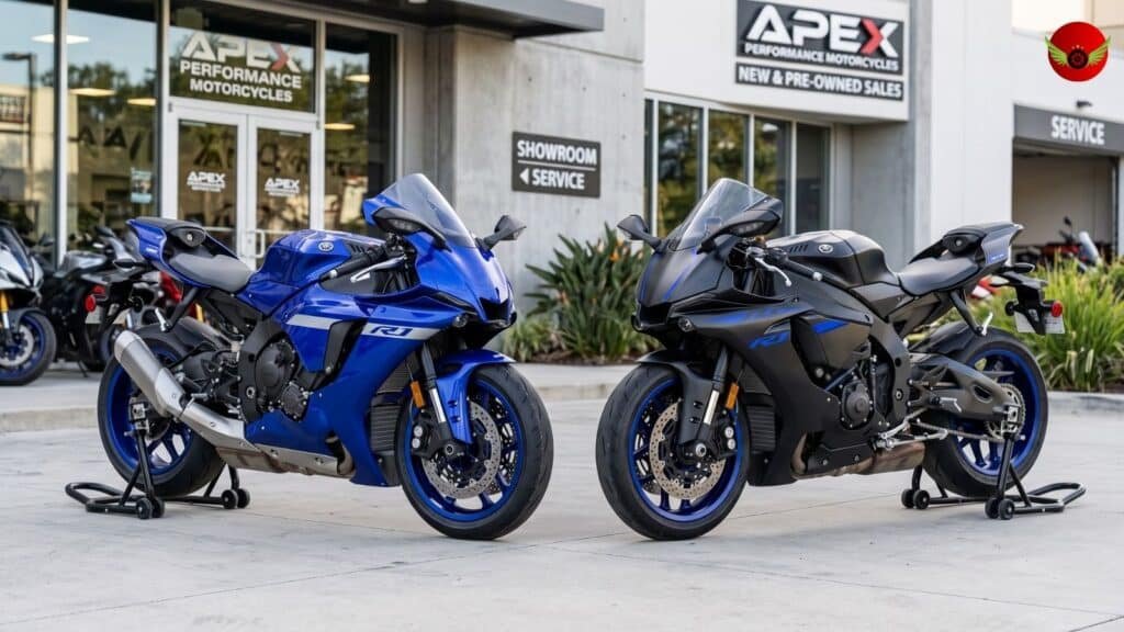 Brand-new Yamaha YZF-R1 and well-maintained used Yamaha YZF-R1 parked together outside a motorcycle dealership