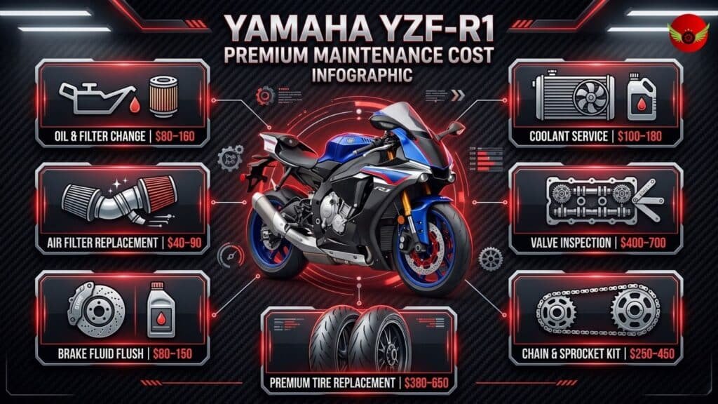 Infographic showing Yamaha YZF-R1 maintenance costs including oil changes, valve inspection, chain service and tires