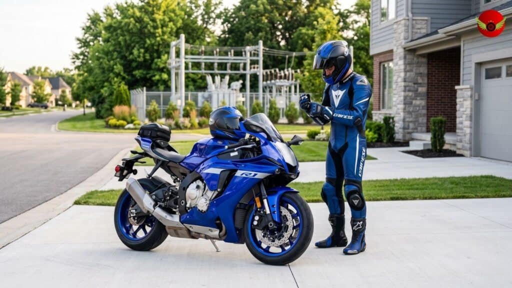 Yamaha YZF-R1 riding on a scenic American highway during golden hour with mountain views