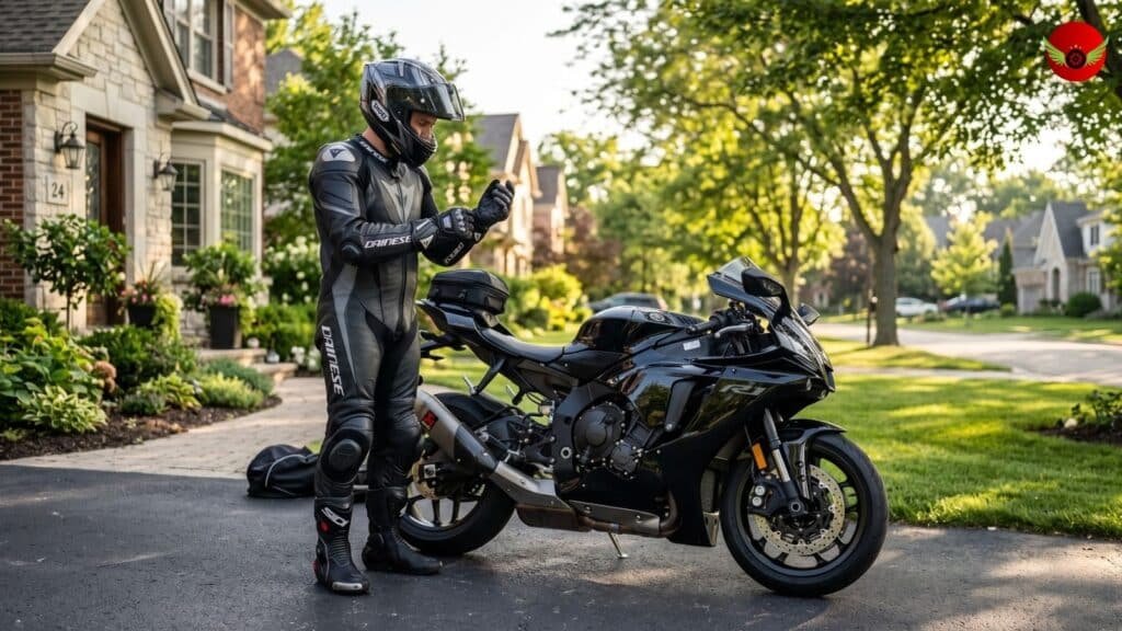 Yamaha YZF-R1 owner standing beside the motorcycle outside a modern American home before a weekend ride
