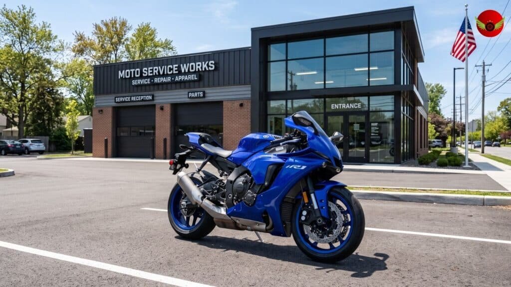 Well-maintained Yamaha YZF-R1 parked outside a professional motorcycle service center in the USA