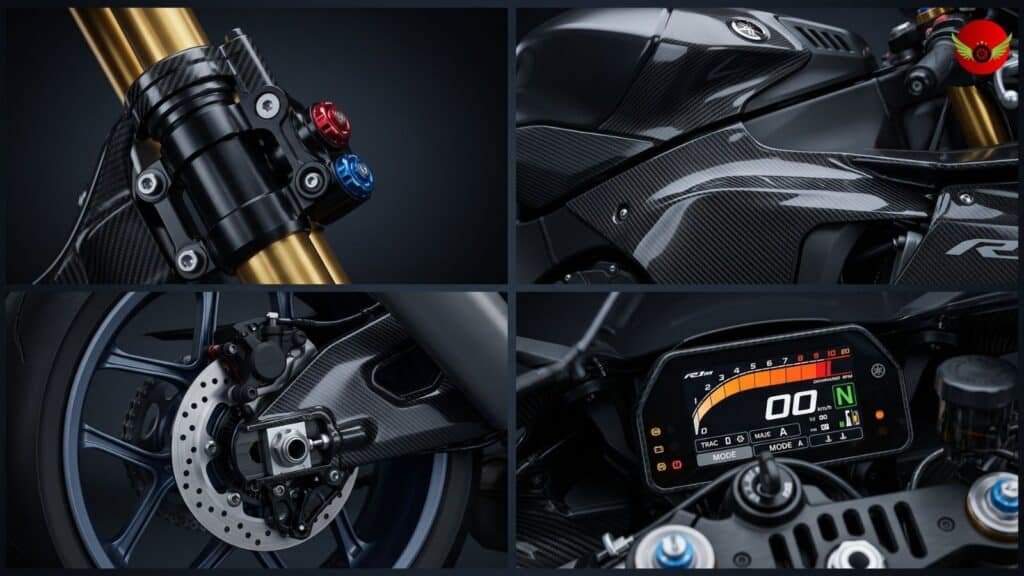 Close-up view of the Yamaha YZF-R1M highlighting Öhlins suspension, carbon fiber bodywork and premium factory features.