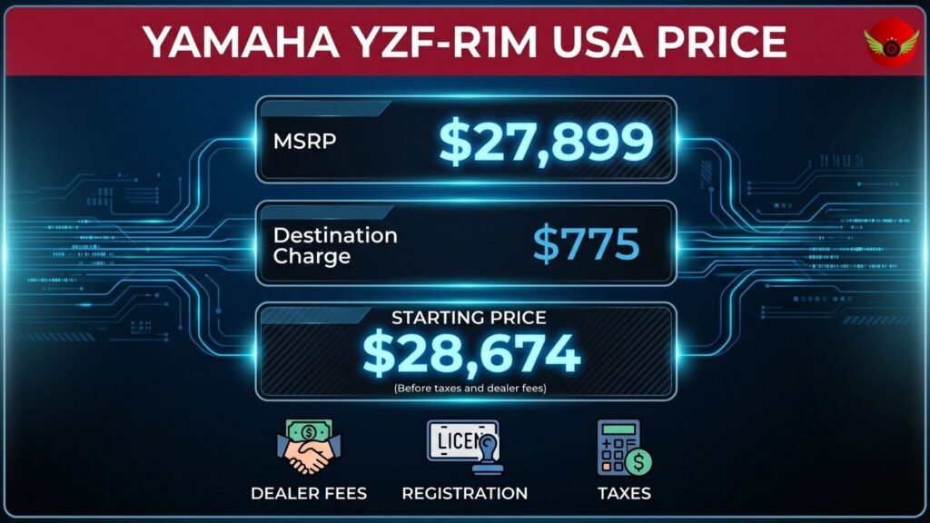 Infographic showing the official 2026 Yamaha YZF-R1M price in the USA including MSRP and destination charge.