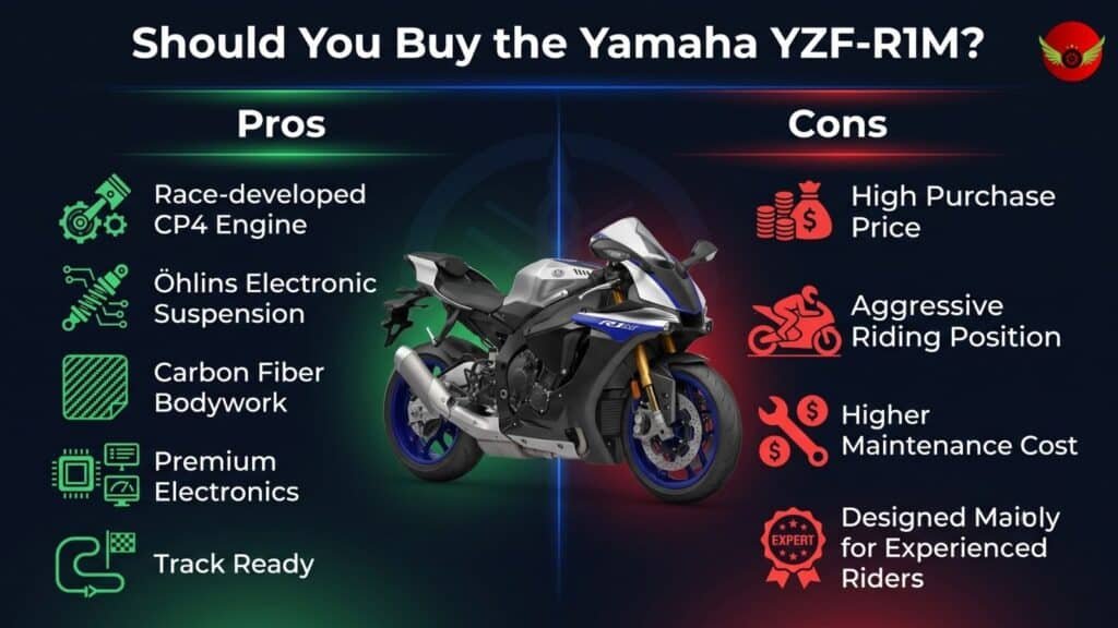 Infographic comparing the key advantages and disadvantages of the Yamaha YZF-R1M.