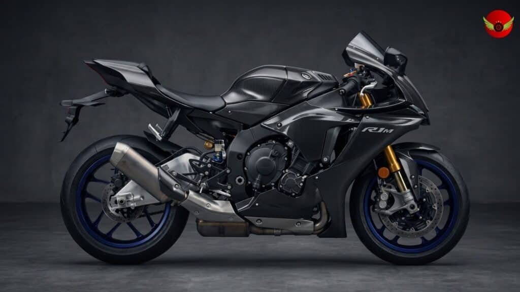 2026 Yamaha YZF-R1M side profile showing official specifications and factory components.