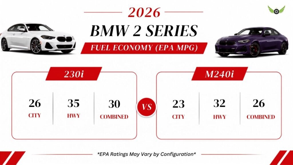 2026 BMW 230i and M240i MPG and fuel economy comparison infographic