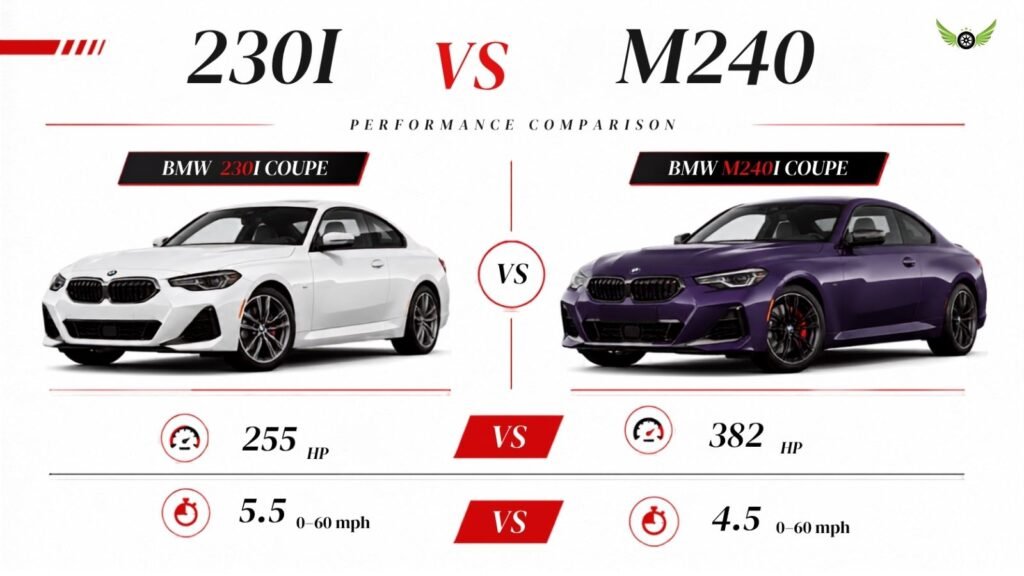 2026 BMW 230i and M240i performance comparison showing horsepower and acceleration