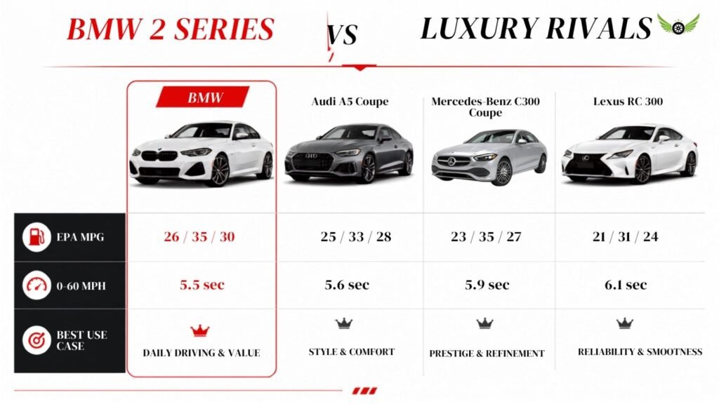 2026 BMW 2 Series compared with luxury rivals for fuel economy and performance