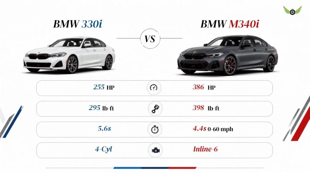 Infographic comparing 2026 BMW 330i and M340i engine power and performance specifications