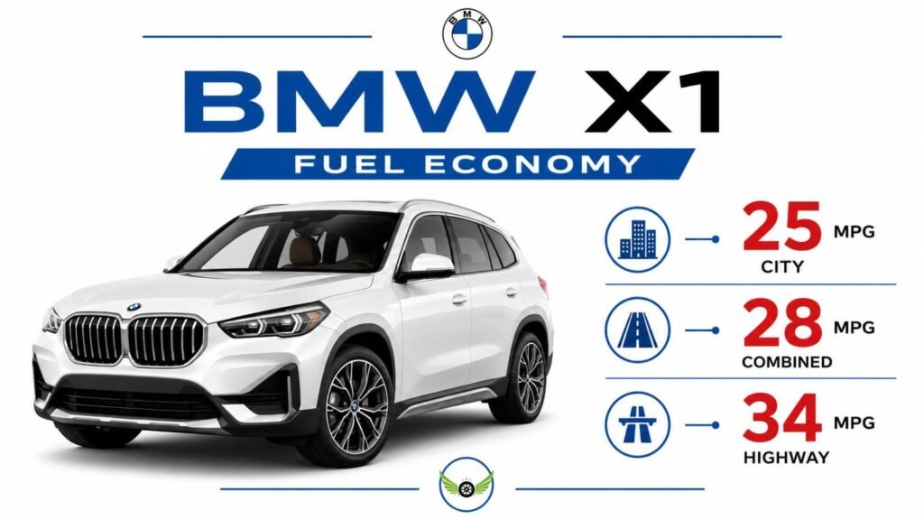 BMW X1 MPG infographic showing city, highway and combined fuel economy ratings.