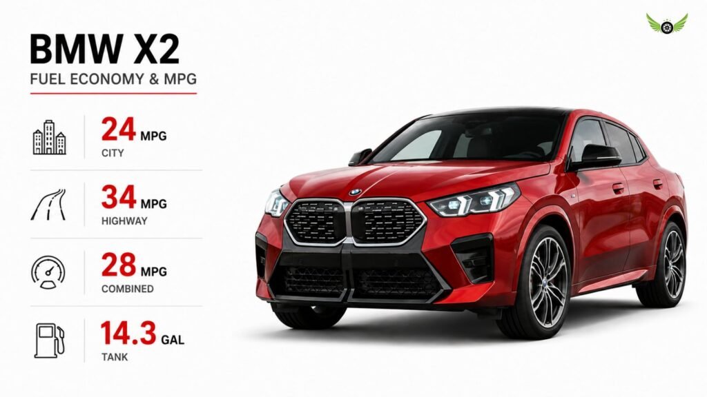 2026 BMW X2 fuel economy and MPG infographic showing city highway and combined ratings