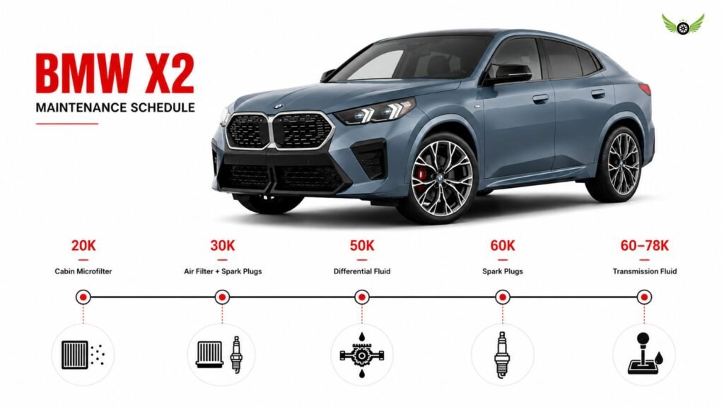 2026 BMW X2 maintenance schedule infographic with service intervals