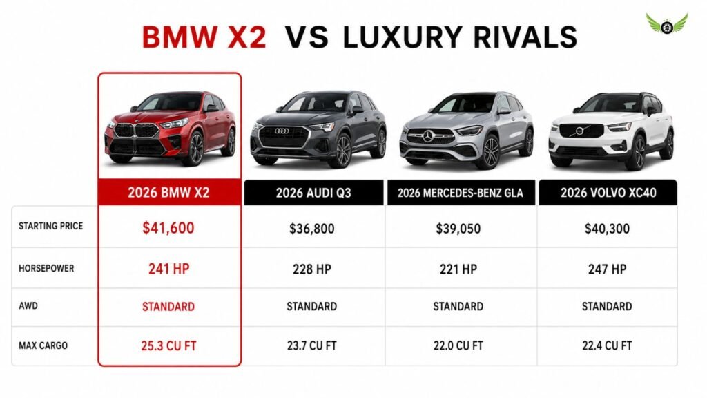 2026 BMW X2 vs Audi Q3 Mercedes GLA and Volvo XC40 comparison infographic