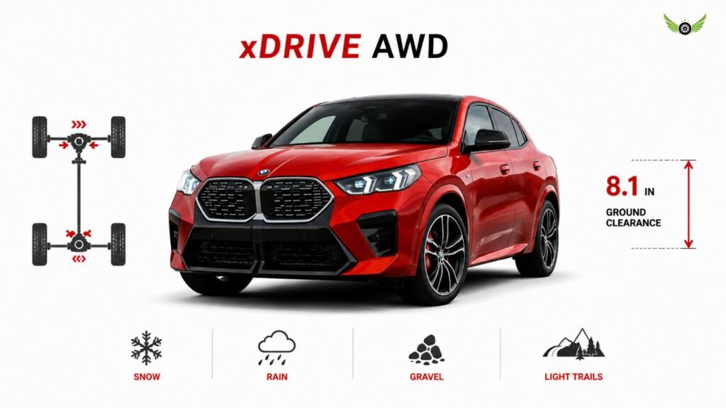 2026 BMW X2 xDrive AWD traction and 8.1 inch ground clearance infographic