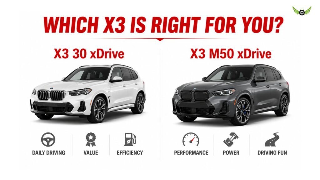 2026 BMW X3 30 xDrive vs M50 xDrive buying guide infographic