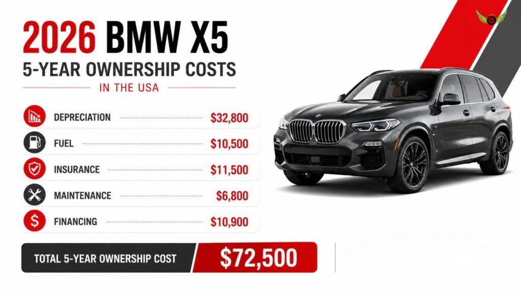 Infographic showing key five-year ownership cost categories for the 2026 BMW X5