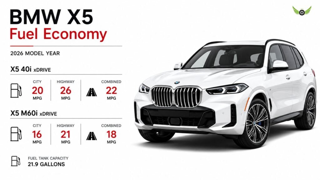 2026 BMW X5 mileage and MPG comparison infographic for different powertrain options