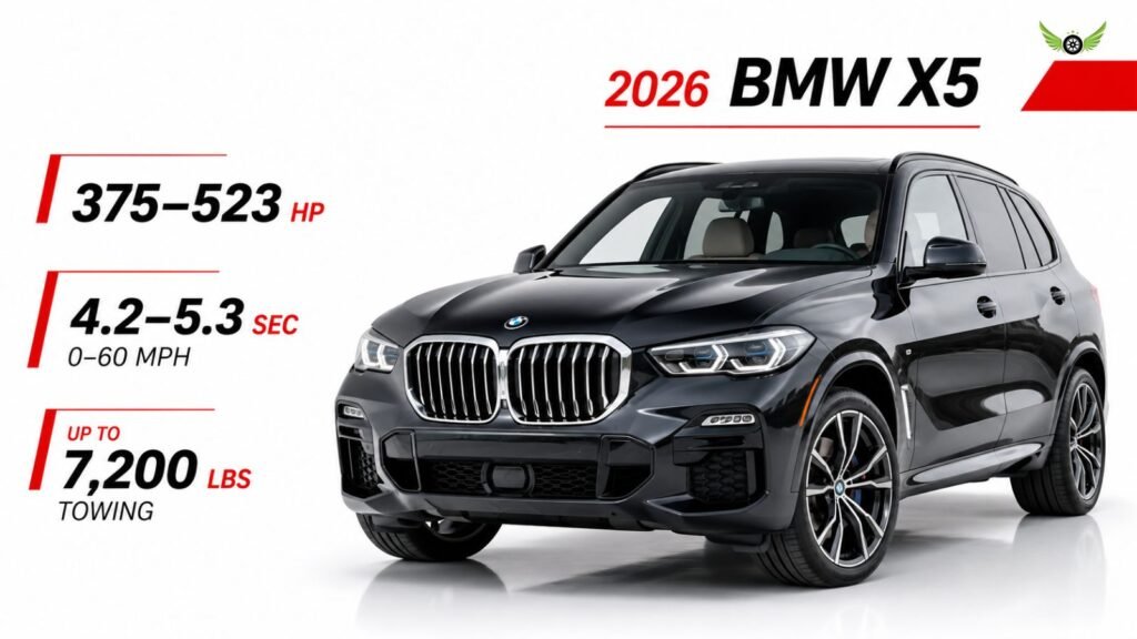 2026 BMW X5 performance infographic showing horsepower acceleration and towing capacity