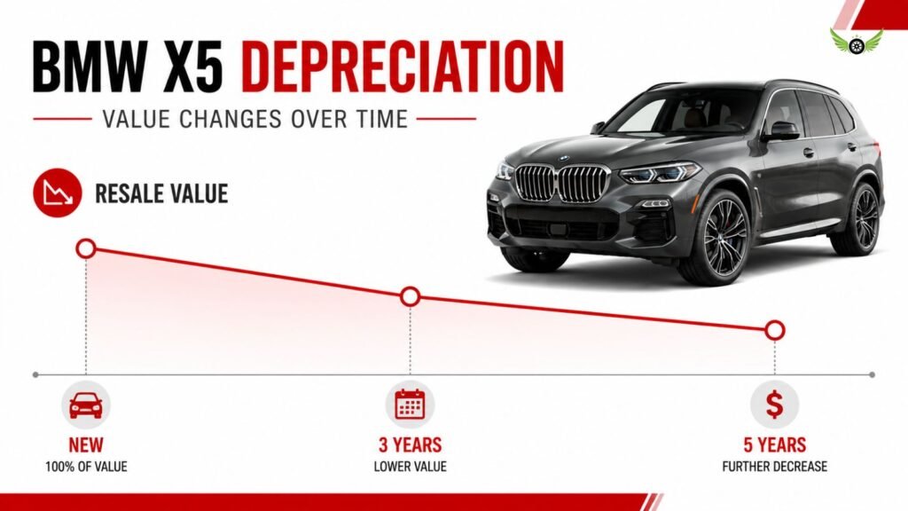 Infographic showing BMW X5 resale value and depreciation over three and five years