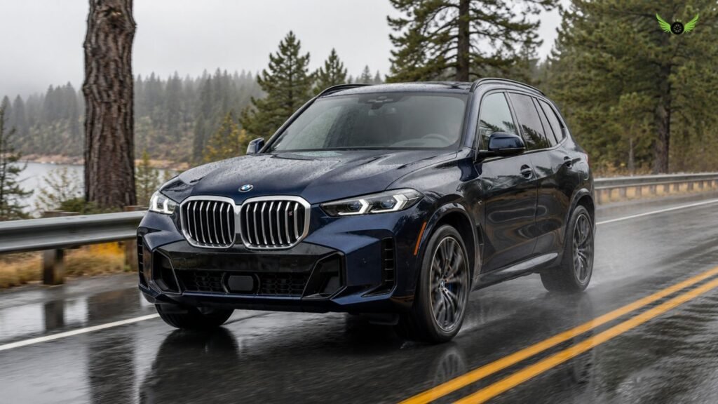 2026 BMW X5 xDrive driving on a wet road demonstrating all-weather capability
