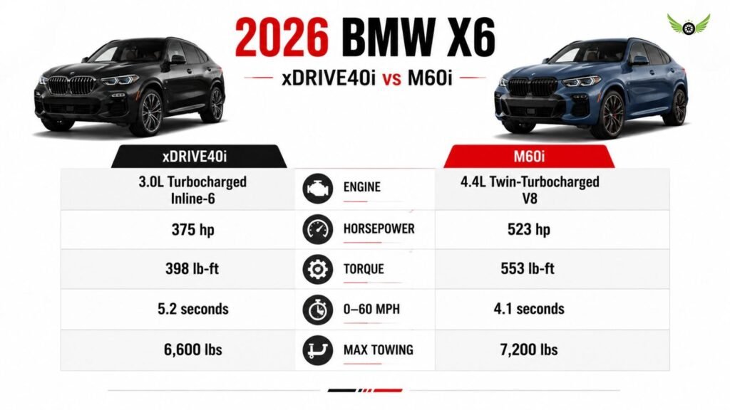 2026 BMW X6 xDrive40i and M60i engine performance comparison infographic